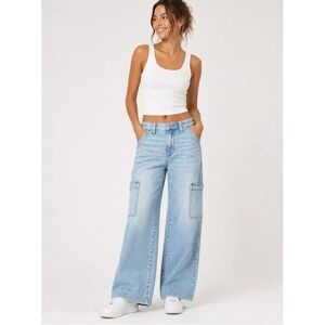 American Eagle Super High-Rise Baggy Wide Leg Jeans Women's 4 Long Blue Cargo